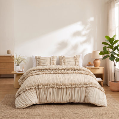 Ensemble de housse de couette à volants 3 pièces chameau avec bordure rosette décorative, grand