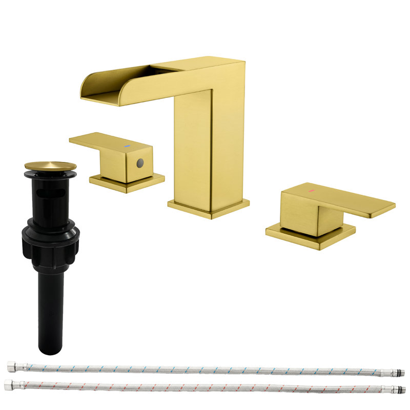 Waterfall 8 In. Widespread Double-Handle Bathroom Faucet Set 3-Holes Vanity Sink With Metal Drain, Brushed Gold