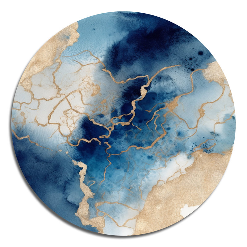 «Blue and Gold Marble Clouds» - Abstrait, reproduction d'art sur métal, H 16 po x l 16 po