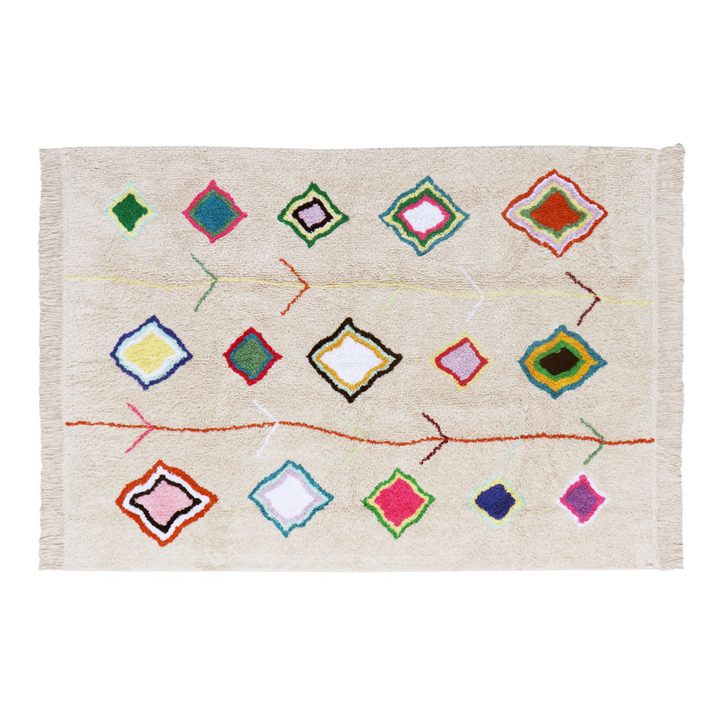 Kaarol Hand Tufted Cotton Moroccan Area Rug in Beige/Orange/Yellow/Navy, Rectangle 5'7" x 8'