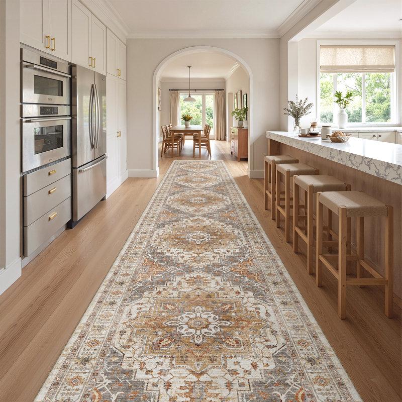 Malila Machine Washable Non-Slip Area Rug, Orange/Gray, Runner 2'6" x 14'