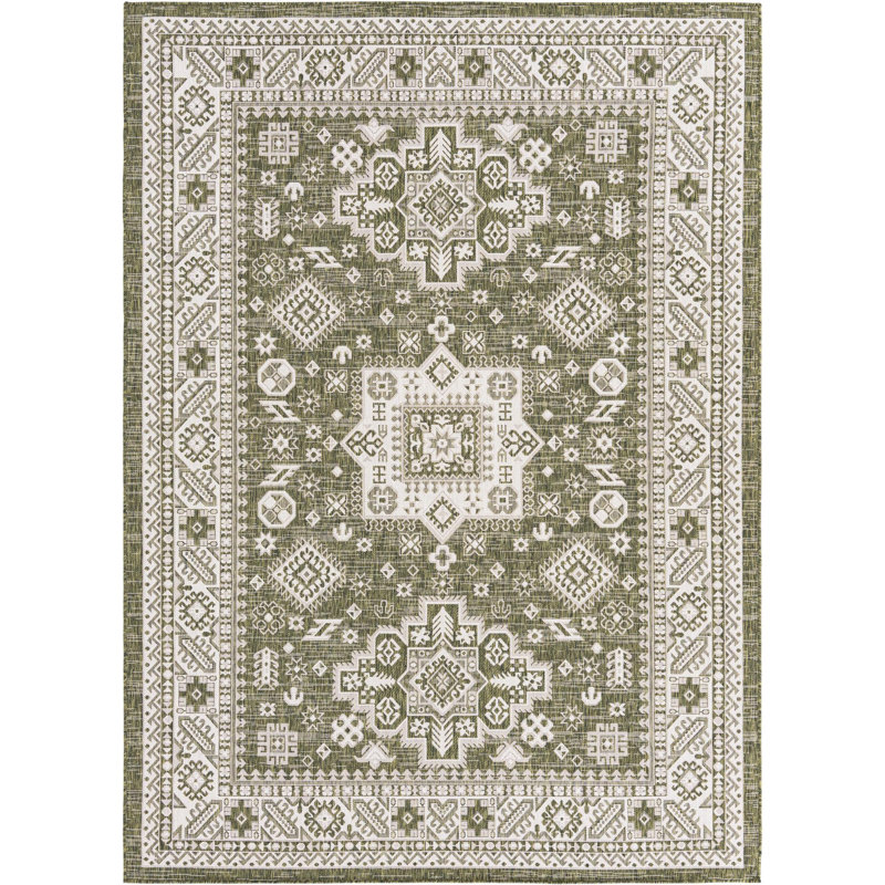 Outdoor Chand Area Rug Ivory-Green Color, Rectangle 7' x 10'
