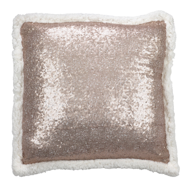 18" Champagne Sequin Sherpa Trim Square Throw Pillow