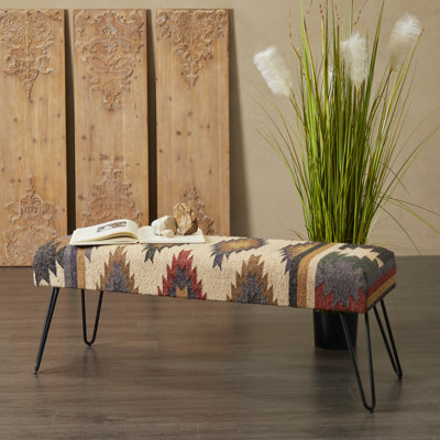 Banc tribal en tissu de coton multicolore avec pieds en épingle en métal Castulo