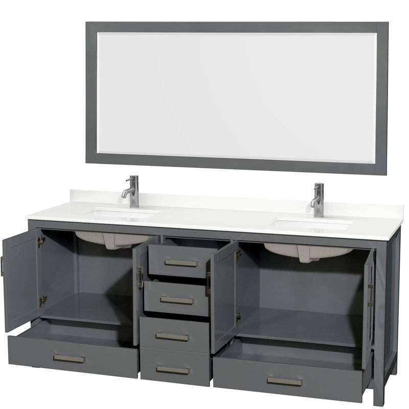 Ensemble de meuble-lavabo double autoportant 80 po avec plateau en quartz Sheffield et miroir 70 po, Quartz blanc, Gris foncé