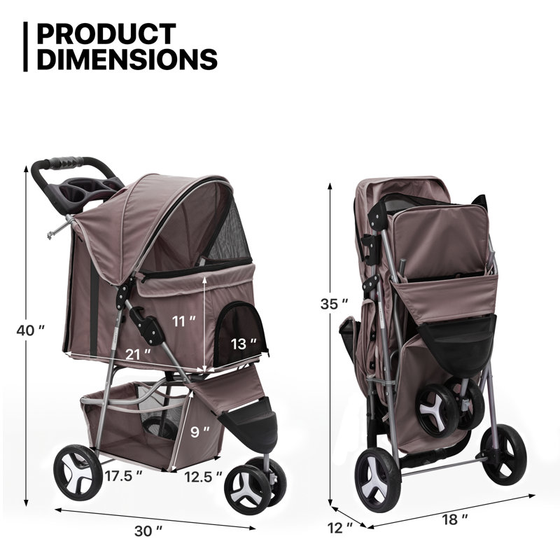 Foldable Pet Stroller, 3 Wheels Folding Carrier Jogger Stroller for Dogs Cats with Canopy and Basket, Coffee