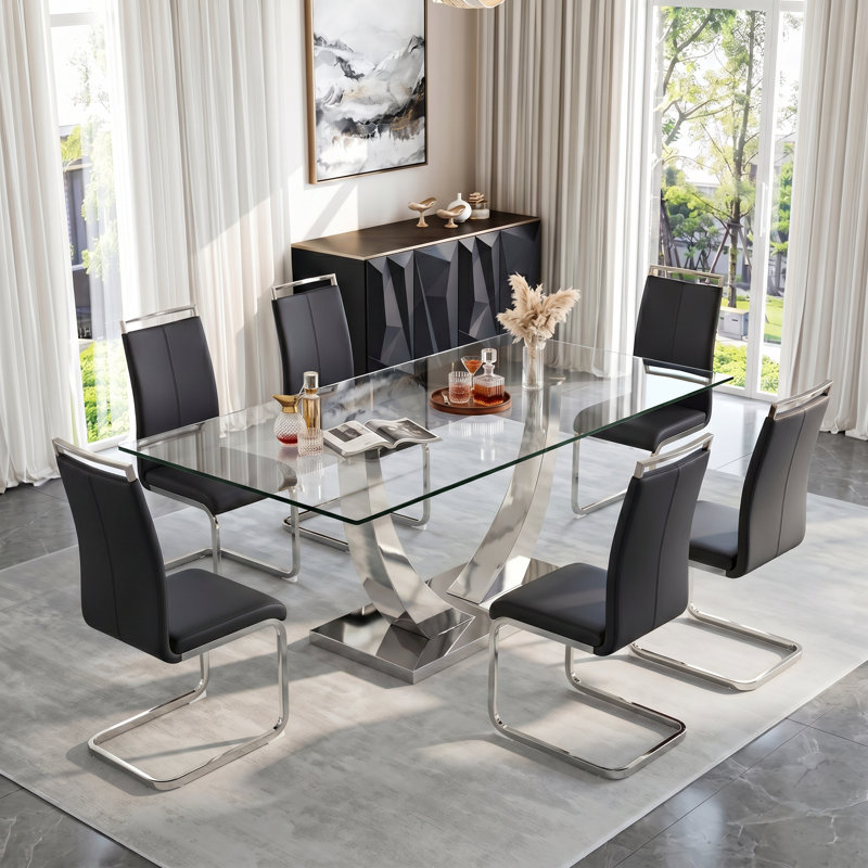 Ensemble de salle à manger 7 pièces rectangulaire moderne en verre trempé avec base en métal et chaises en porte-à-faux en similicuir
