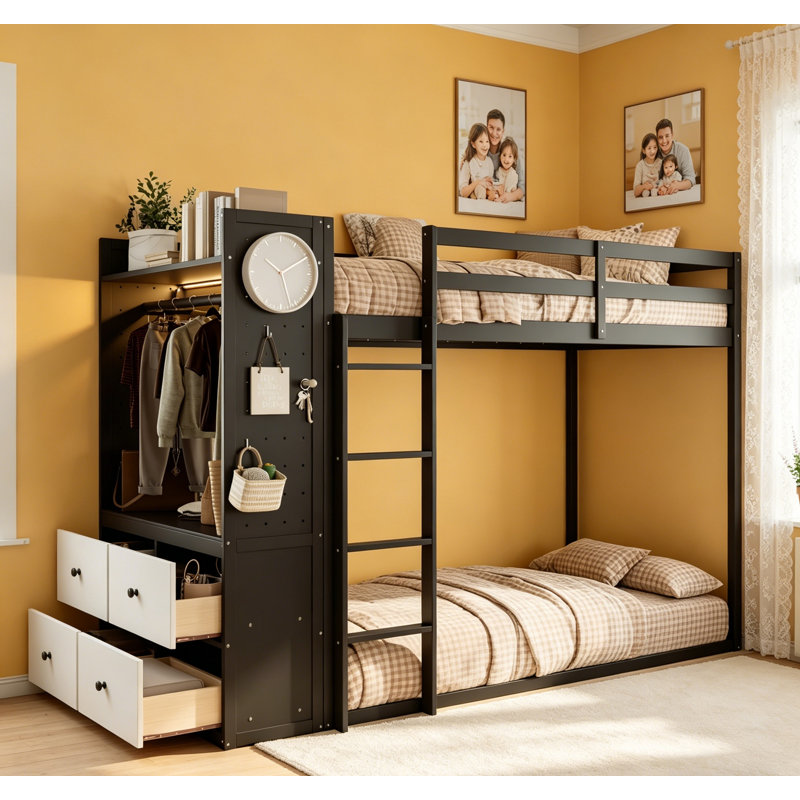 Lit superposé simple au-dessus de simple avec 4 tiroirs de rangement, rail suspendu, bande lumineuse, tablettes intégrées et panneaux perforés doubles, 3 couleurs disponibles