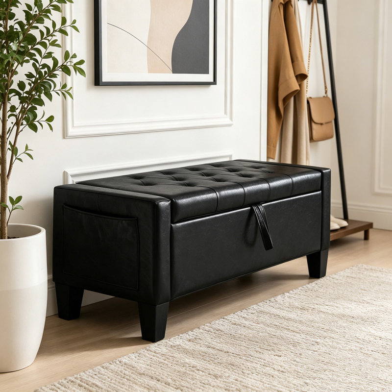Repose-pieds avec rangement, banc de repose-pieds avec charnière de sécurité, poids de 350 lb, Noir - polyuréthane
