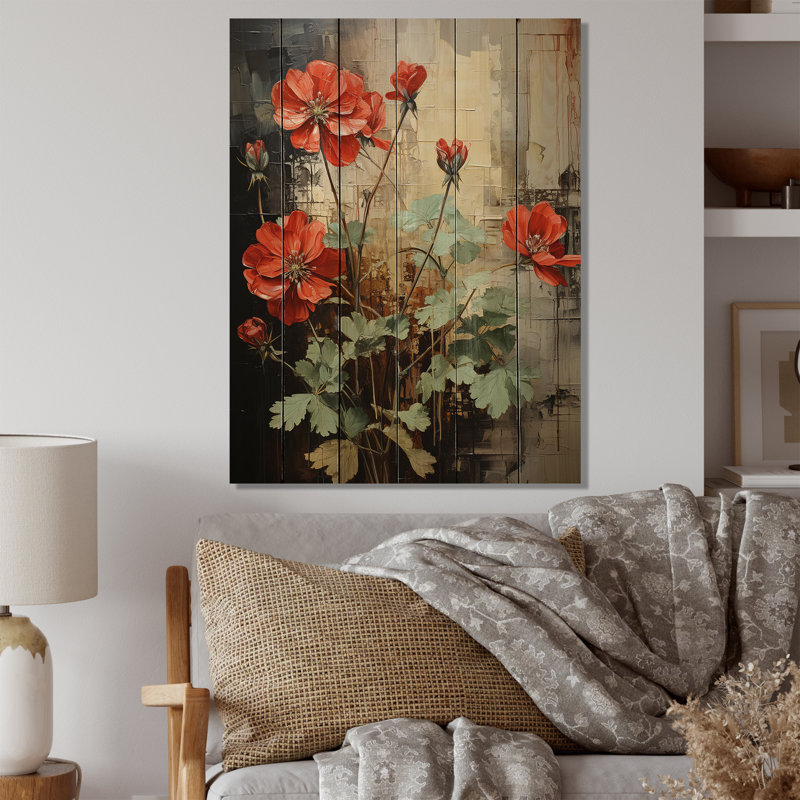 Red Geraniums Scarlet Bloom Patchwork I - Impression florale et botanique sur bois de pin naturel