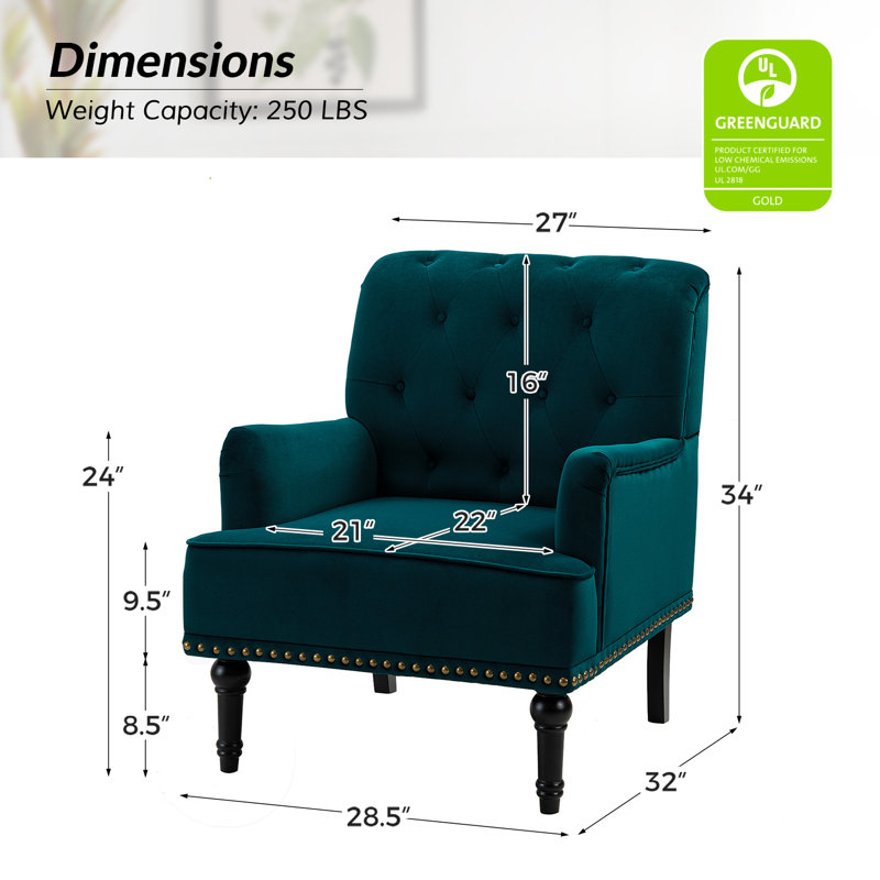 Fauteuil en velours de polyester avec garniture cloutée 28,5 po Jakub, Polyester sarcelle