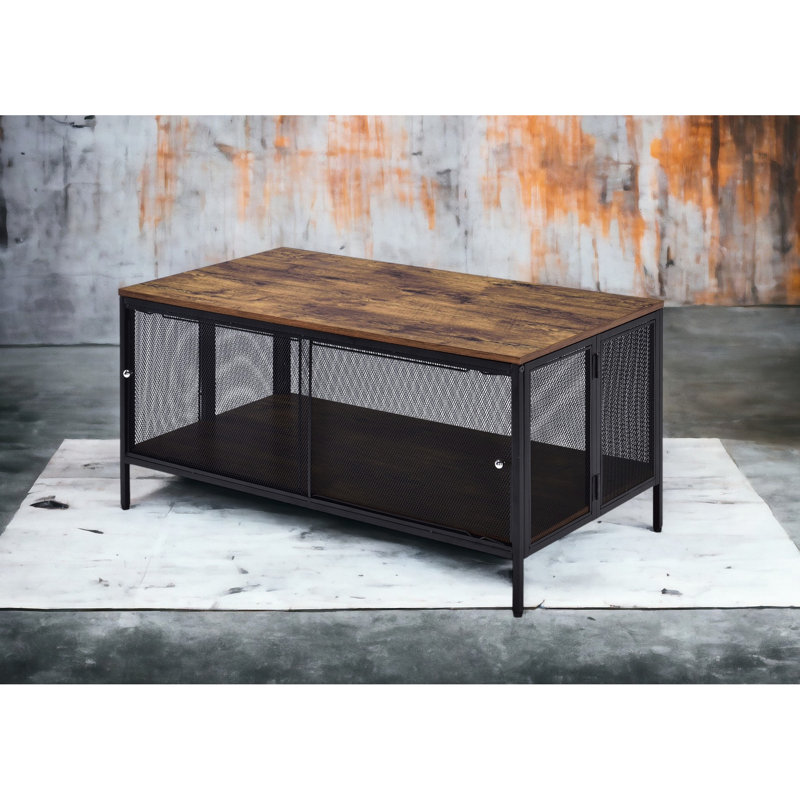 Table basse en chêne antique et en métal noir, fonctionnelle et avec table de rangement pliable, base en placage