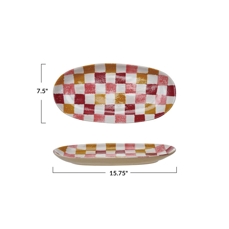 15-3/4"L Oval Stoneware Platter W Checkered Pattern