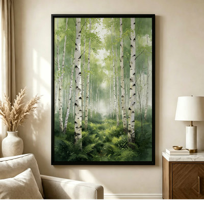 Art mural encadré noir 24 po x 36 po Les bouleaux se dressent dans une forêt luxuriante, entourés de fougères vertes et d'une douce lumière, style Aquarelle. Impression sur toile pour le salon, la chambre à coucher