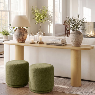 Ensemble de console 70 po en chêne avec 2 repose-pieds ronds rembourrés