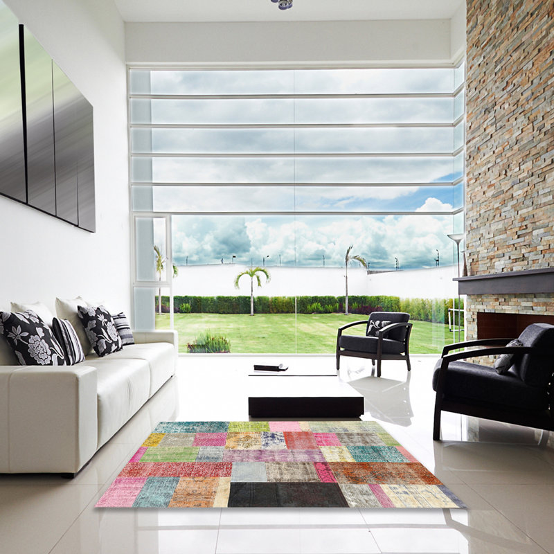Tapis rouge/brun/bleu zone contemporaine, Carré 5 pi