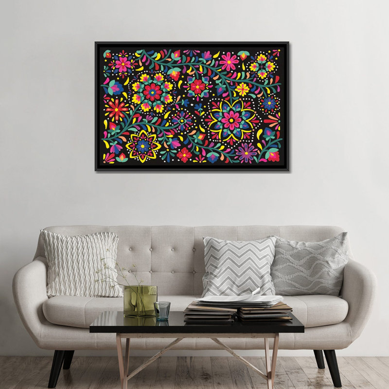 « floral fiesta i », impression sur toile, H 18 po x l 26 po x P 1,5 po, Toile avec cadre noir, Pas de tapis