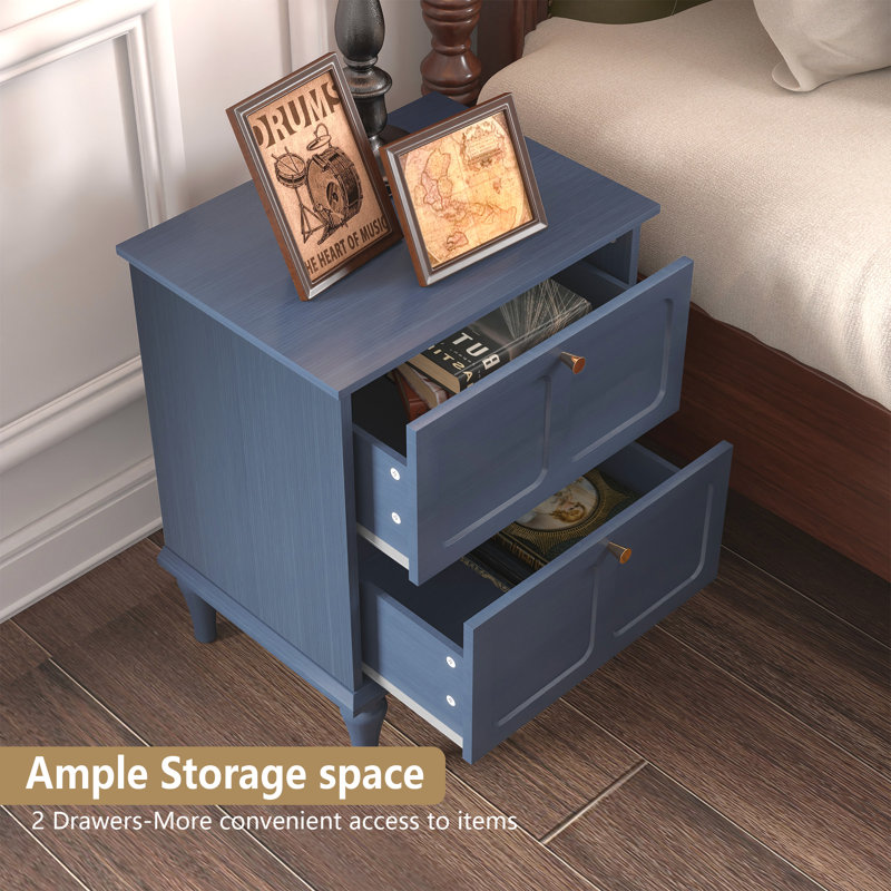 Mid-Century Modern Nightstand with Draws（set of 2）, Blue