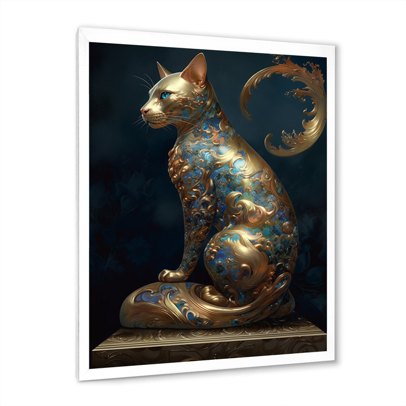 Statue glamour de sarcelle et de chat majestueux doré sur toile, H 20 po x l 12 po x P 1 po, Cadre simple blanc