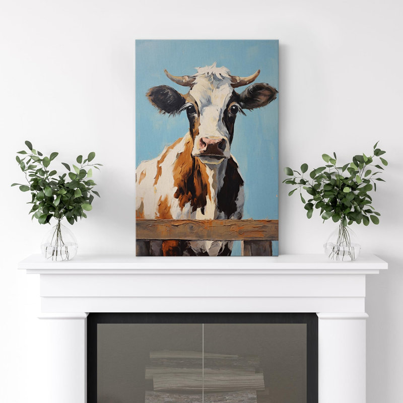 Portrait de vache sur fond bleu, animaux sauvages, décor de ferme, faune rustique, Toile tendue, H 18 po x l 12 po