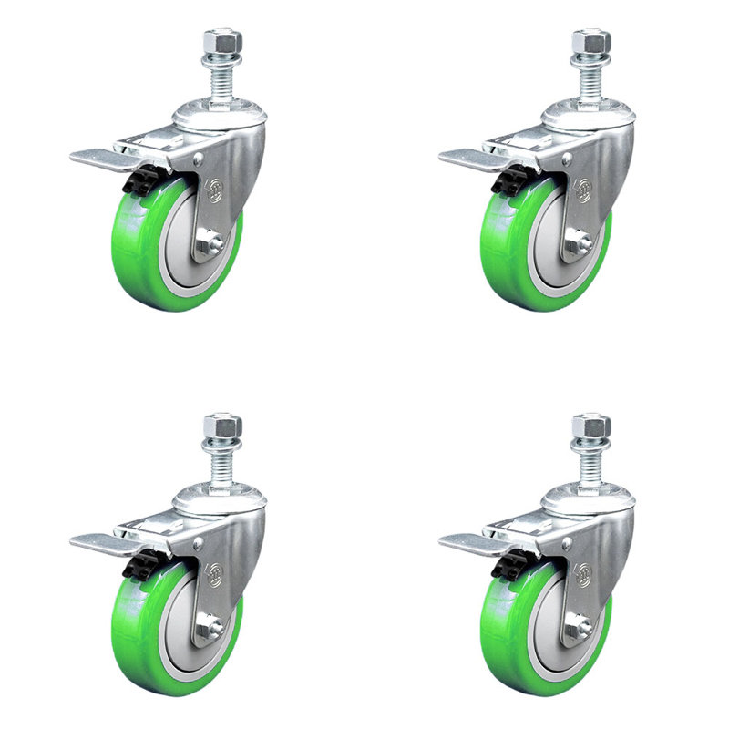 Ensemble de roulettes à tige filetée en polyuréthane 4 mm 4 pouces, Vert