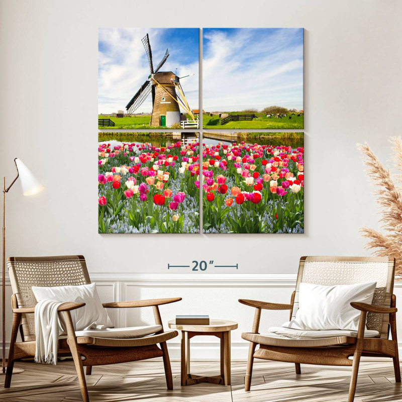 Moulin à vent et tulipes Holland, H 57 po x l 57 po