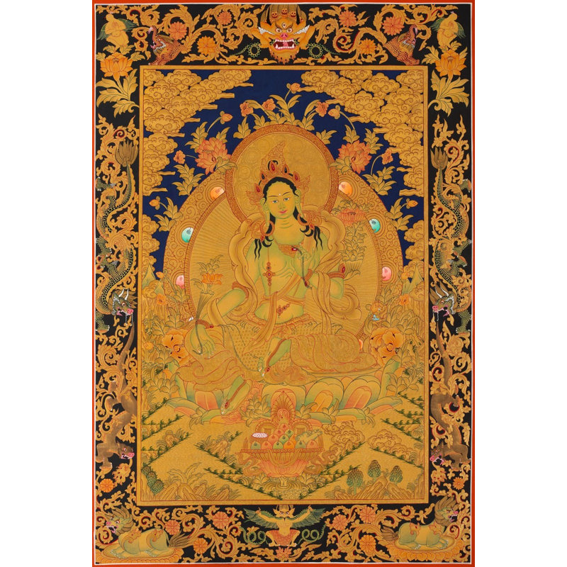 Vert Tara (Thangka sans brocart) | Or 24 carats avec acrylique sur toile
