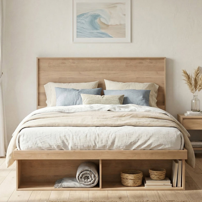 Modern Farmhouse Wood Platform Bed with Panel Headboard and Three-Zone Storage System, Queen, Pale Oak, Queen, Pale Oak