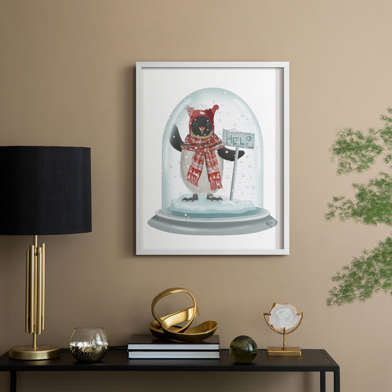 «Christmas Penguin Snow Globe», reproduction encadrée - bois massif, H 21 po x l 17 po, Blanc
