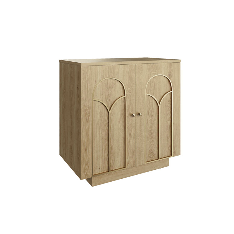 30.3 In. Accent Cabinet Office Storage Cabinet With 1 Shelf And Gold Trim, Arched Doors, Light Oak, Decorative Arch