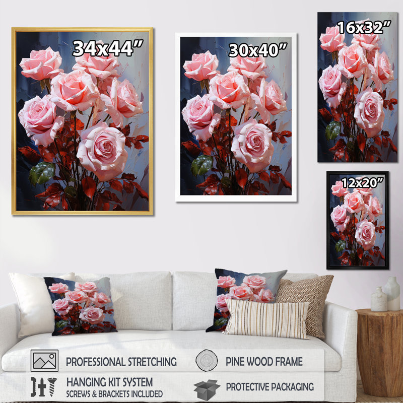 «Consetta Pink Ravish Roses Bouquet III», reproduction sur toile, H 20 po x l 12 po x P 1 po, Cadre photo blanc