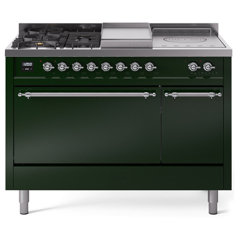 ILVE Nostalgie II 48 in Dual Fuel Range, 5 Burner, Griddle, Frenchtop, Liquid Propane, Emerald Green/Chrome