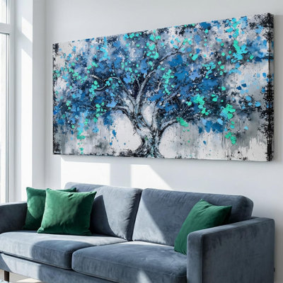 Tree Wall Art Teal Blue Nature Tree Of Life Abstract Canvas Painting Textured Picture, Modern Landscape Artwork Framed For Living Room Bedroom Bathroom Office Home Decor 48X24in