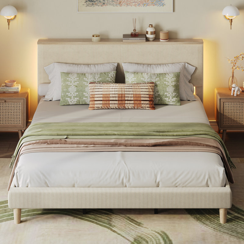 Abe Headboard Upholstered Platform Bed Frame with Storage Headboard and LED Lighting, Queen, Beige