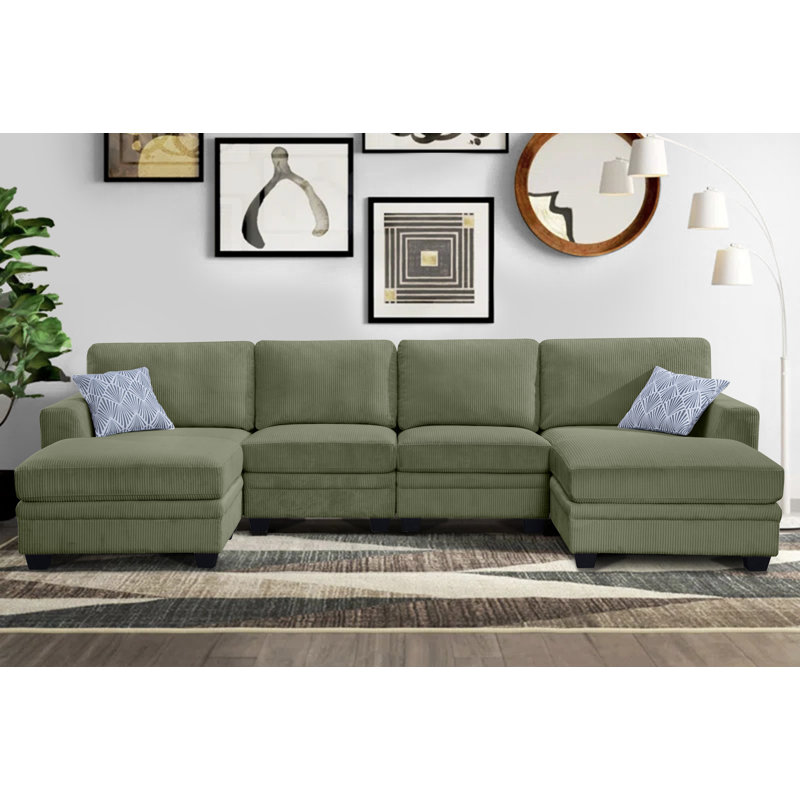 Canapé modulaire en U Kescha, Velours côtelé vert