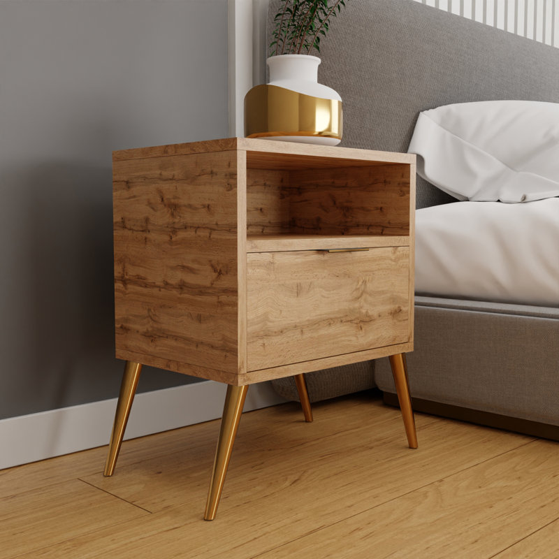 Centreville 40cm W Metal Bedside Table, Wotan Oak/Gold