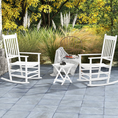 Outdoor Rocking Chair Of 2 With Side Table, White Wooden Chairs For Patio Charming And High Back, Supports Up To 352 Lbs Garden, Backyard, Deck 2 Enticing Lifted Holds Lbs, Front Yard, Balcony
