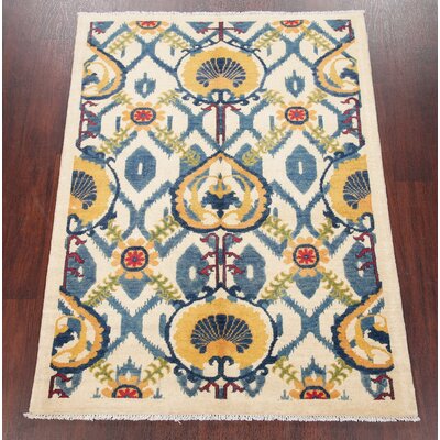 One-of-a-Kind Hand-Knotted 2010s Kazak Ivory/Blue/Yellow 3'7"" x 4'10"" Wool Area Rug -  Rugsource, 1-DEF-4482