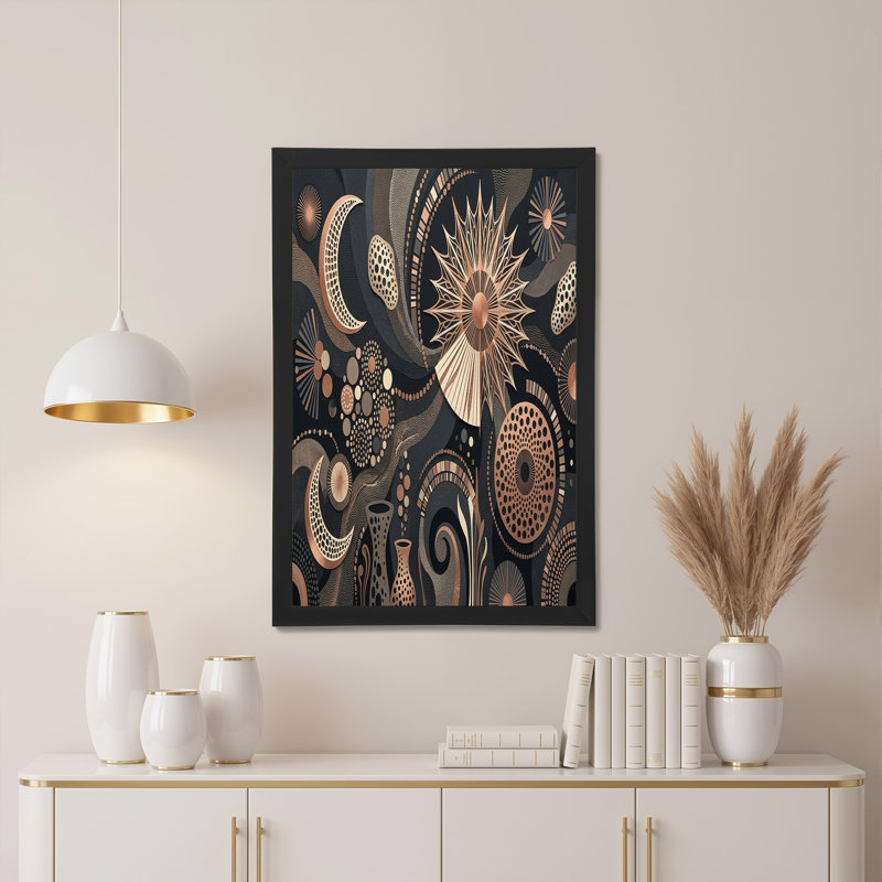 Bronze et noir, lune céleste, motif géométrique sur toile, H 36 po x l 48 po