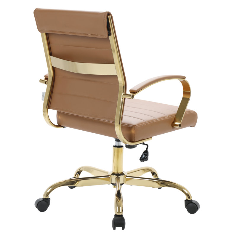 Mid-Century Swivel Office Chair in Brown Faux Leather and Gold Metal
