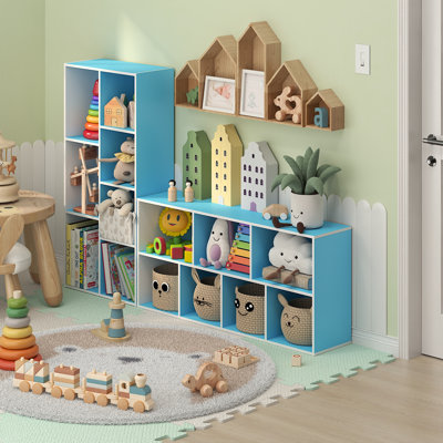 7-Cube Blue Book Shelf, Kids Bookshelf, Toy Storage, Cube Storage Organizer, Bookcase, 9.4 x 19.5 x 41.7, for Organization and Storage, Playroom, Kids Room, White/Light Blue