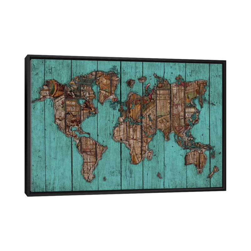 Carte en bois, impression sur toile, H 18 po x l 26 po x P 1,5 po, Toile avec cadre noir, Pas de tapis