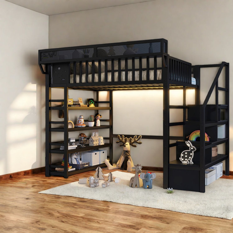 Lit mezzanine double avec rangement, structure en métal, chambre d'enfant moderne et peu encombrante