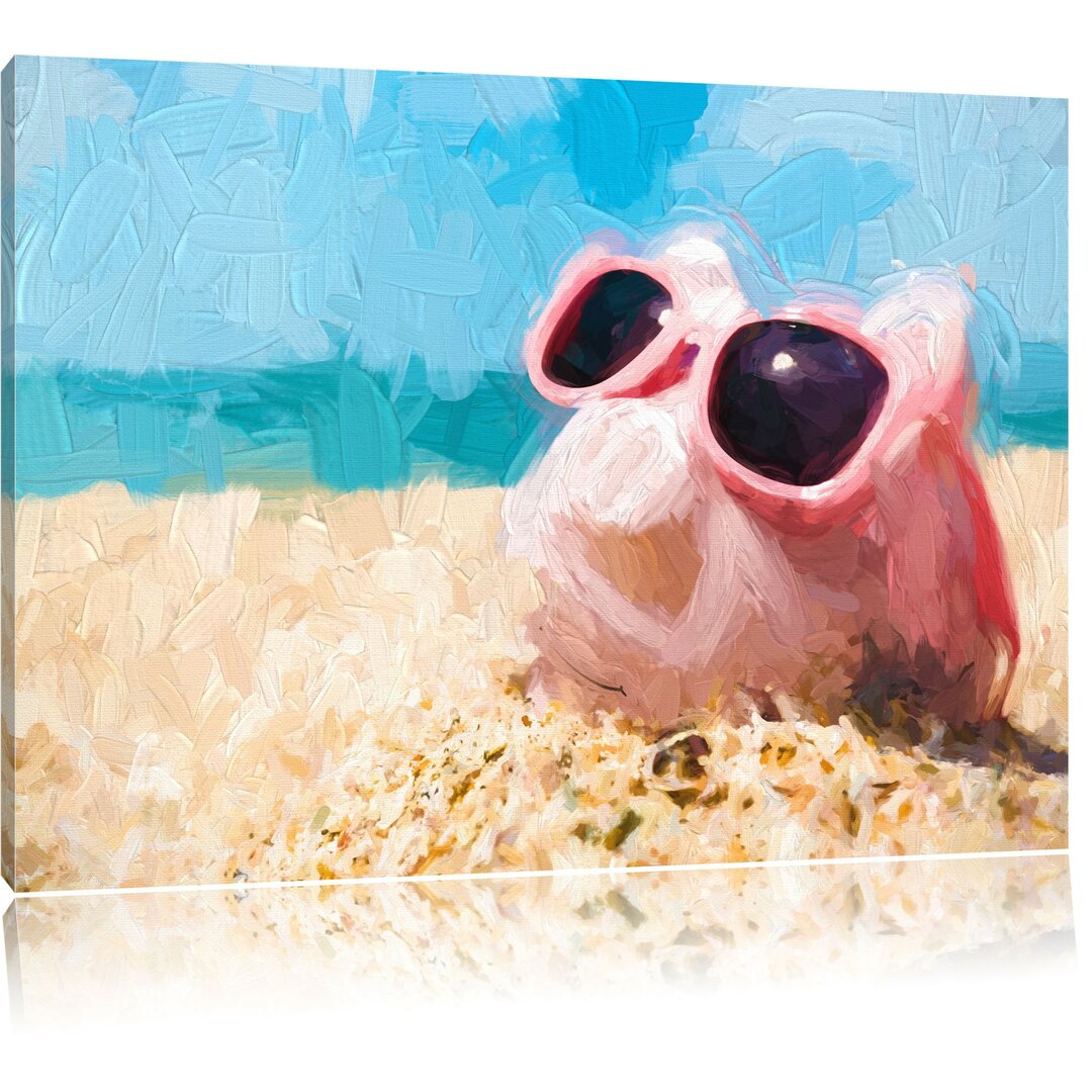 Leinwandbild Schweinchen am Strand in Blau/Rosa