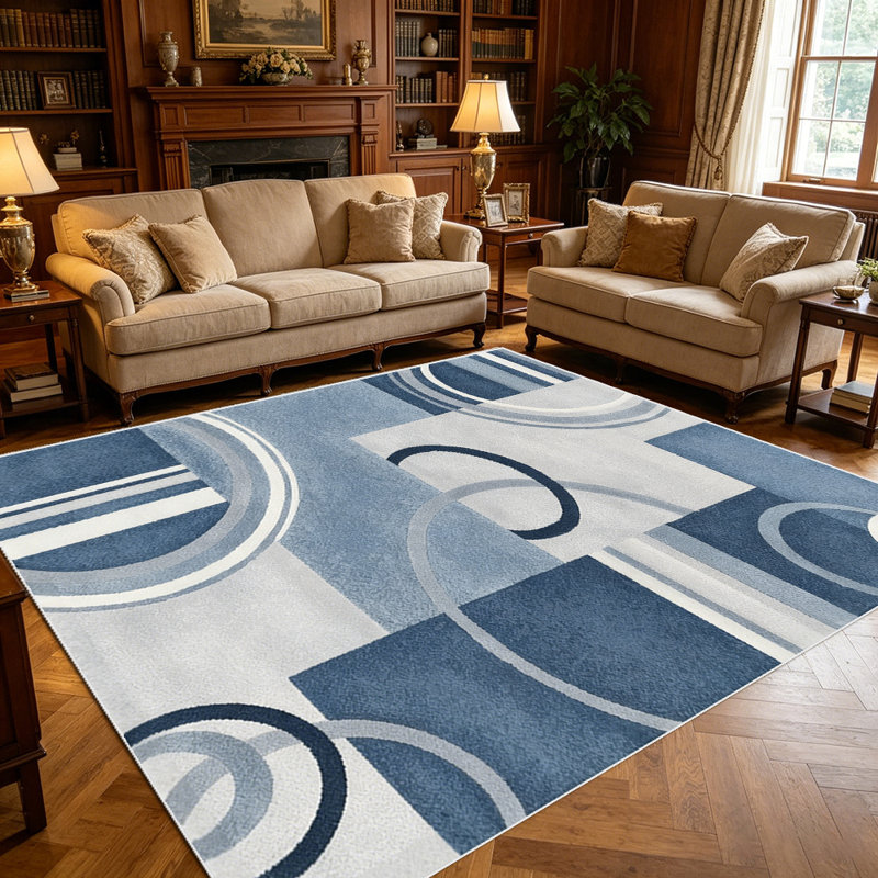 1PC Geometric Abstract Blue Grey Circle Stripe Pattern area rugs for Living Room, Soft, All seasons, Easy-maintain, Washable Indoor mat, Farmhouse suitable for dining room, bedroom, home office, entryway, kitchen, patio, Home Decor, Outdoor Decor.