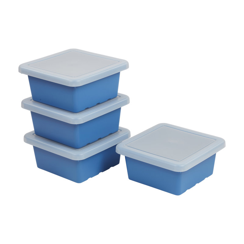 ECR4Kids Stackable Square Bins with Non-Snap Lids, Multipurpose Organization, 4-Pack, French Blue