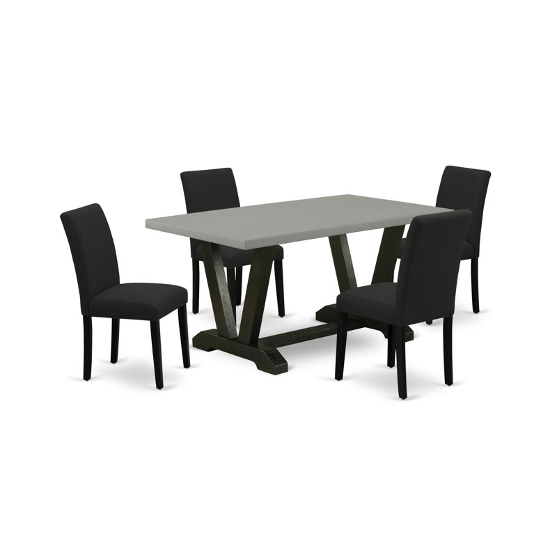 Ensemble de table de salle à manger 5 pièces comprenant une table rectangulaire en ciment et 4 chaises de salle à manger Parson en tissu noir avec dossier haut - finition noire brossée