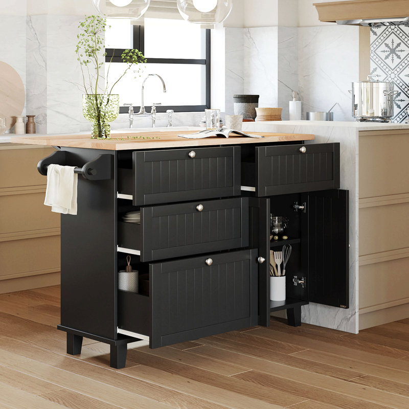 Farmhouse Kitchen Island Set With Drop Leaf And 2 Seatings,Dining Table Set With Storage Cabinet, Drawers And Towel Rack, Black+Rustic Brown