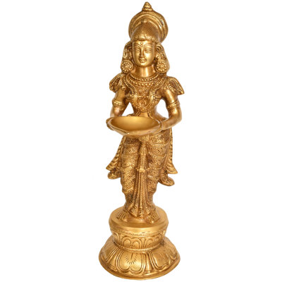 Statue de déesse Lakshmi fabriquée à la main avec lampe à huile, hauteur de 16,5 po | Figurine Hindou pour autel et salle de méditation