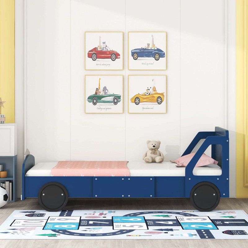 Lit plateforme en forme de voiture avec roulettes, Bleu, Simple